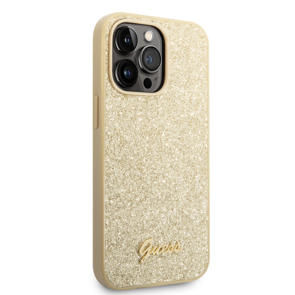Coque iPhone 14 Pro Max - Guess paillettes or avec logo en métal doré - Or