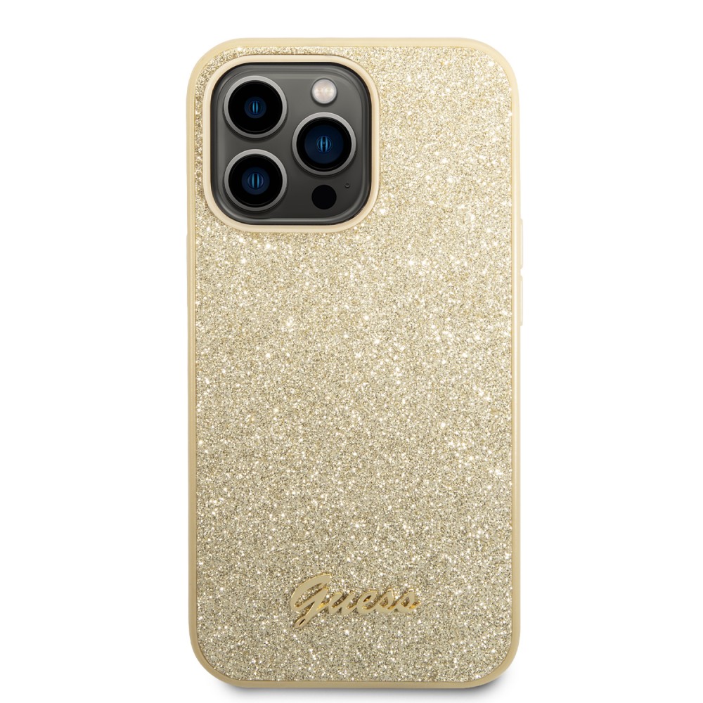 Coque iPhone 14 Pro Max - Guess paillettes or avec logo en métal doré - Or