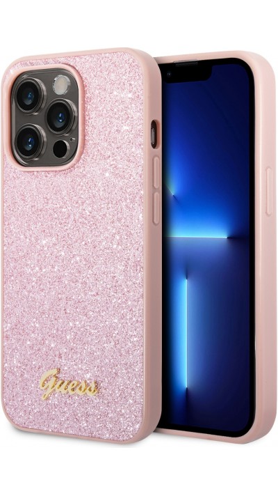 Coque iPhone 14 Pro Max - Guess paillettes roses avec logo en métal doré - Rose