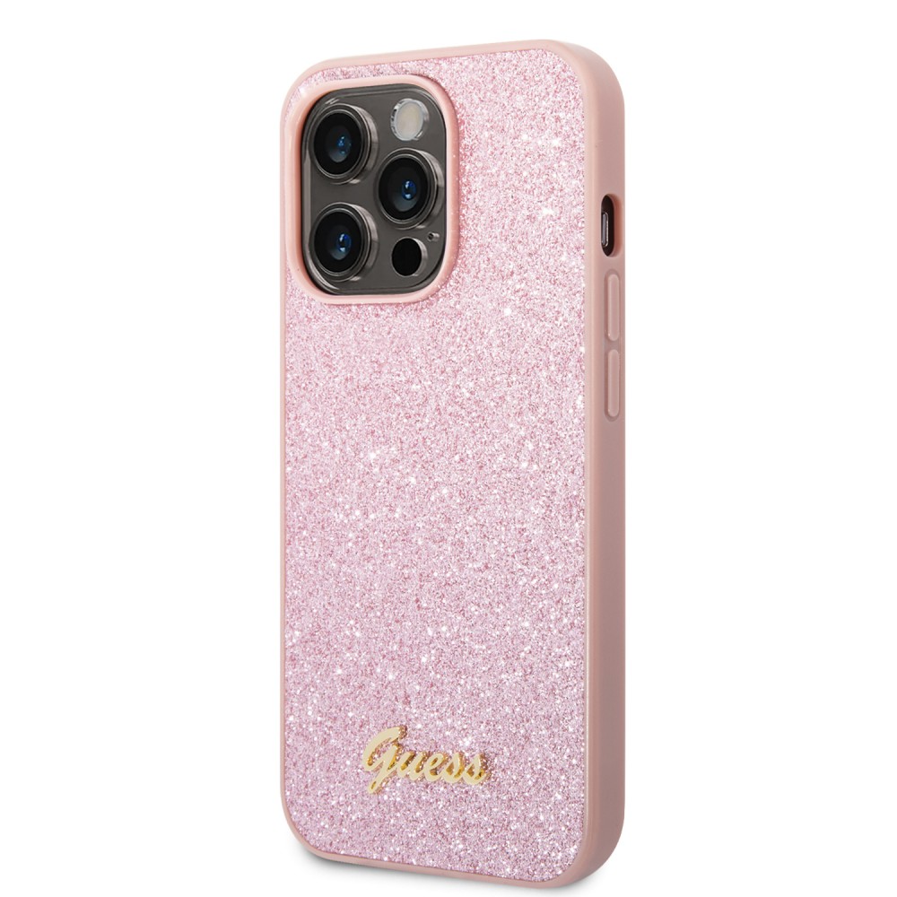 Coque iPhone 14 Pro Max - Guess paillettes roses avec logo en métal doré - Rose