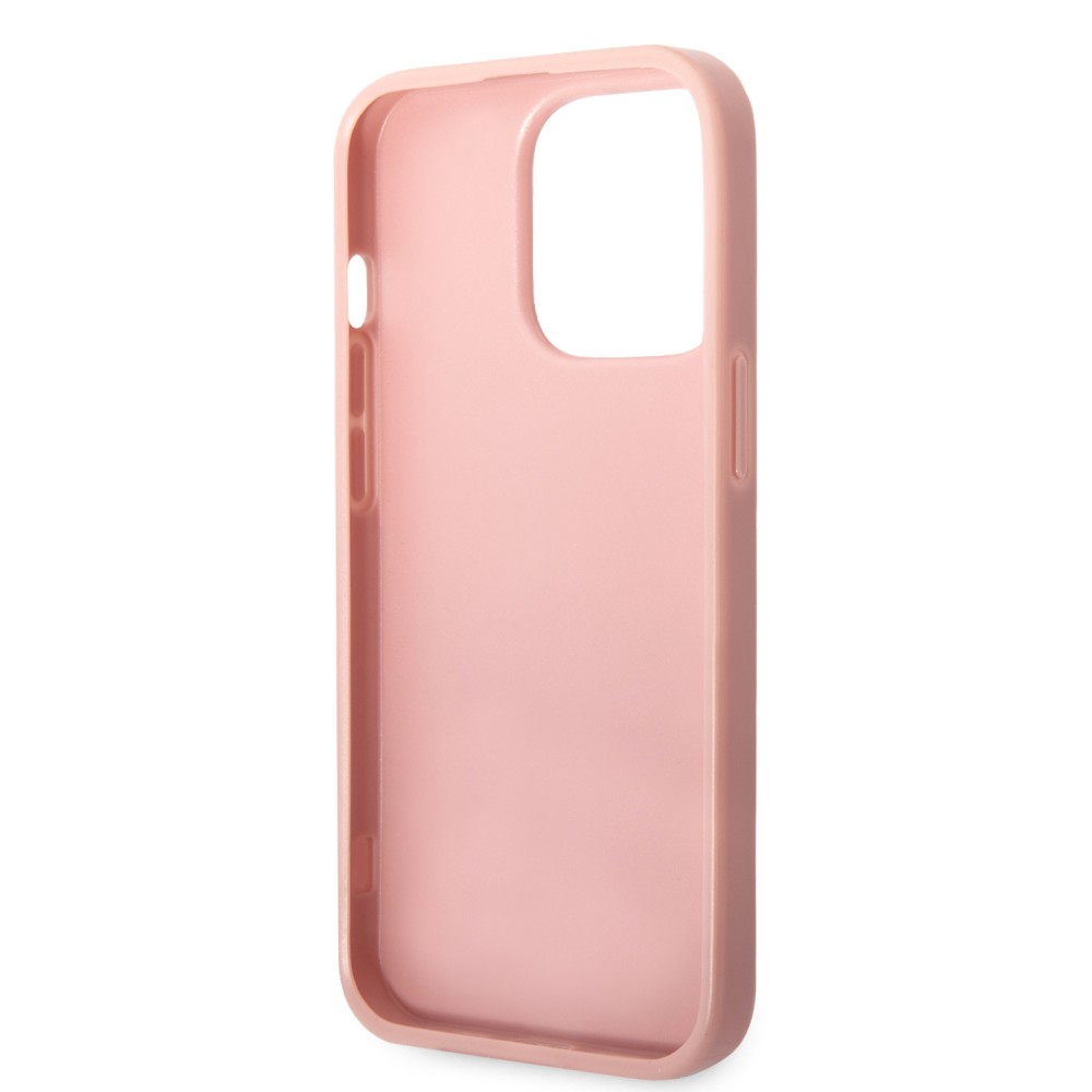 Coque iPhone 14 Pro Max - Guess paillettes roses avec logo en métal doré - Rose