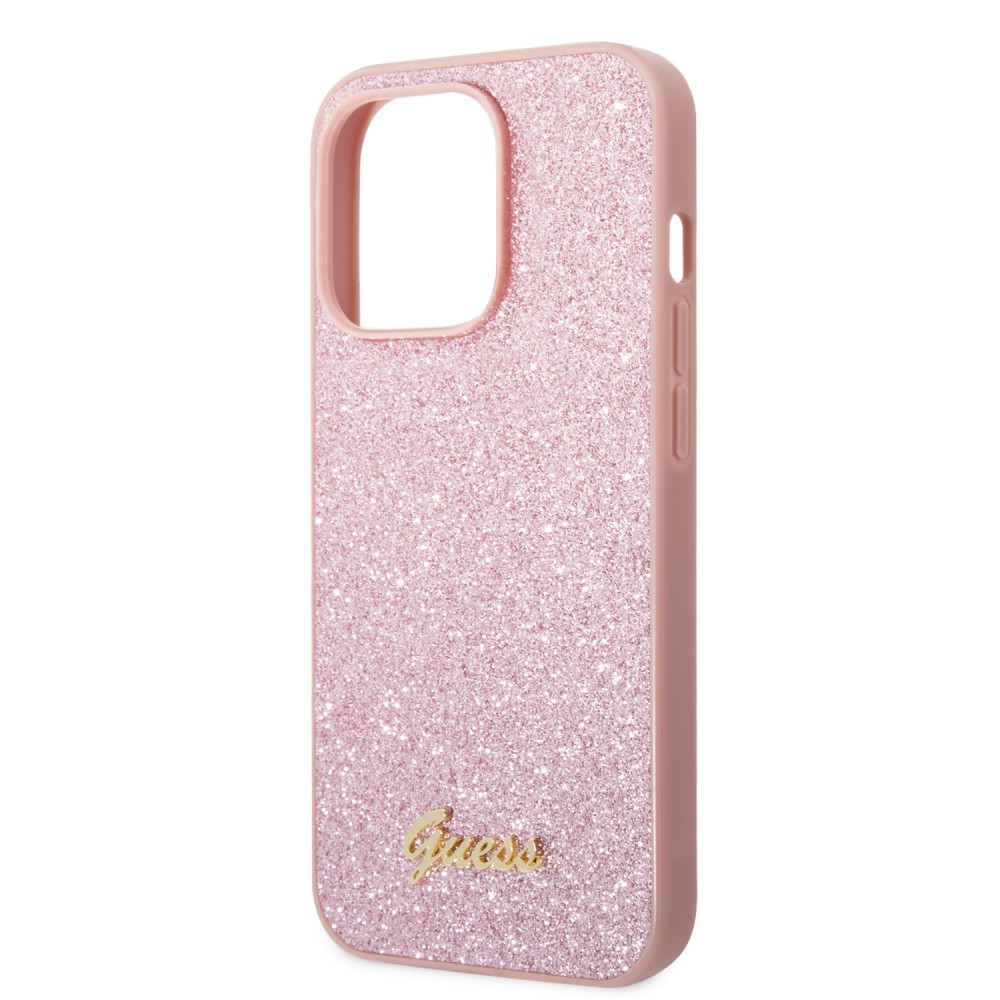 iPhone 14 Pro Max Case Hülle - Guess Pink Glitter mit goldenem Metalllogo - Rosa