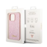 iPhone 14 Pro Max Case Hülle - Guess Pink Glitter mit goldenem Metalllogo - Rosa