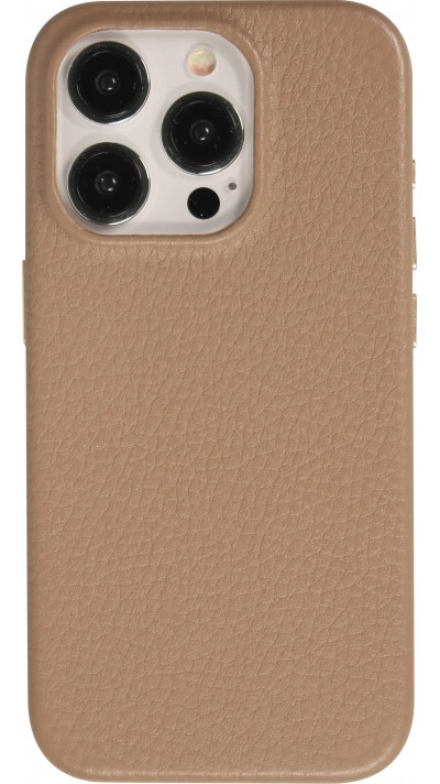 Coque iPhone 15 Pro Max - Cuir de veau luxe grainé intégral avec boutons métalliques et MagSafe - Beige