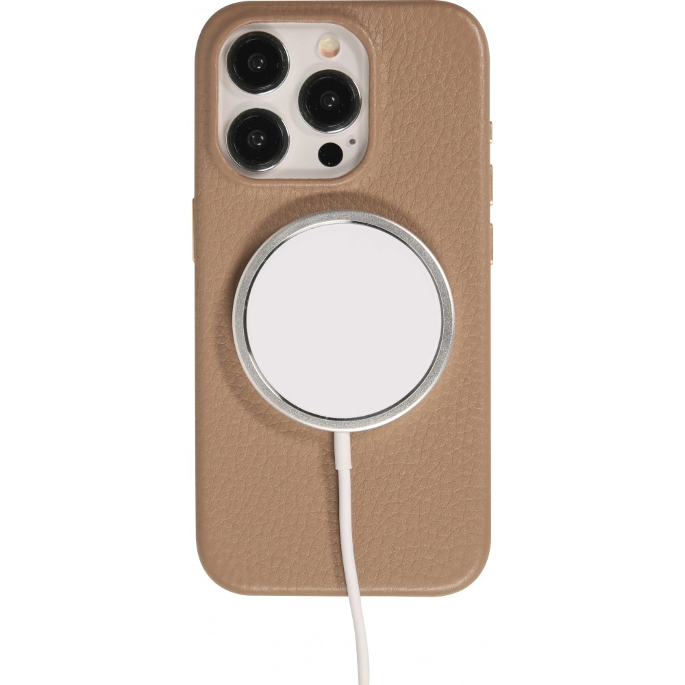 iPhone 15 Pro Max Case Hülle - Vollständig genarbtes Luxuskalbsleder mit Metallknöpfen und MagSafe - Beige