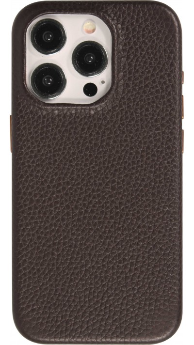 iPhone 14 Pro Max Case Hülle - Vollständig genarbtes Luxuskalbsleder mit Metallknöpfen und MagSafe - Dunkelbraun