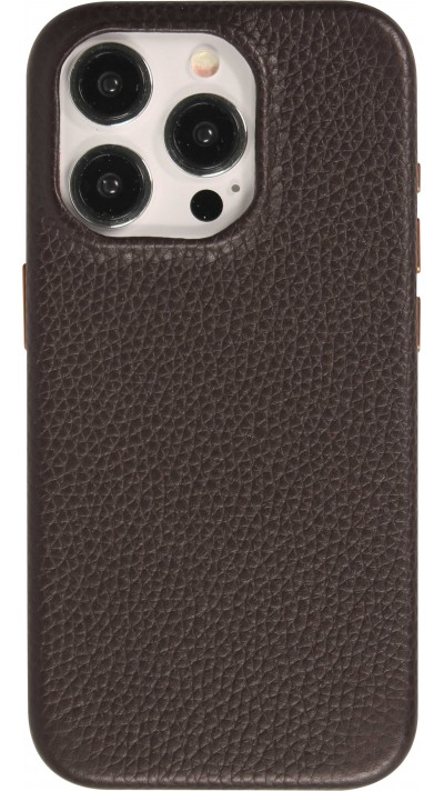 Coque iPhone 15 Pro Max - Cuir de veau luxe grainé intégral avec boutons métalliques et MagSafe - Brun foncé