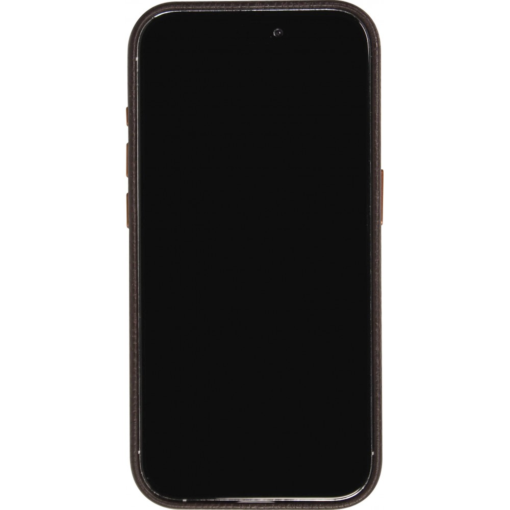 iPhone 14 Pro Case Hülle - Vollständig genarbtes Luxuskalbsleder mit Metallknöpfen und MagSafe - Dunkelbraun