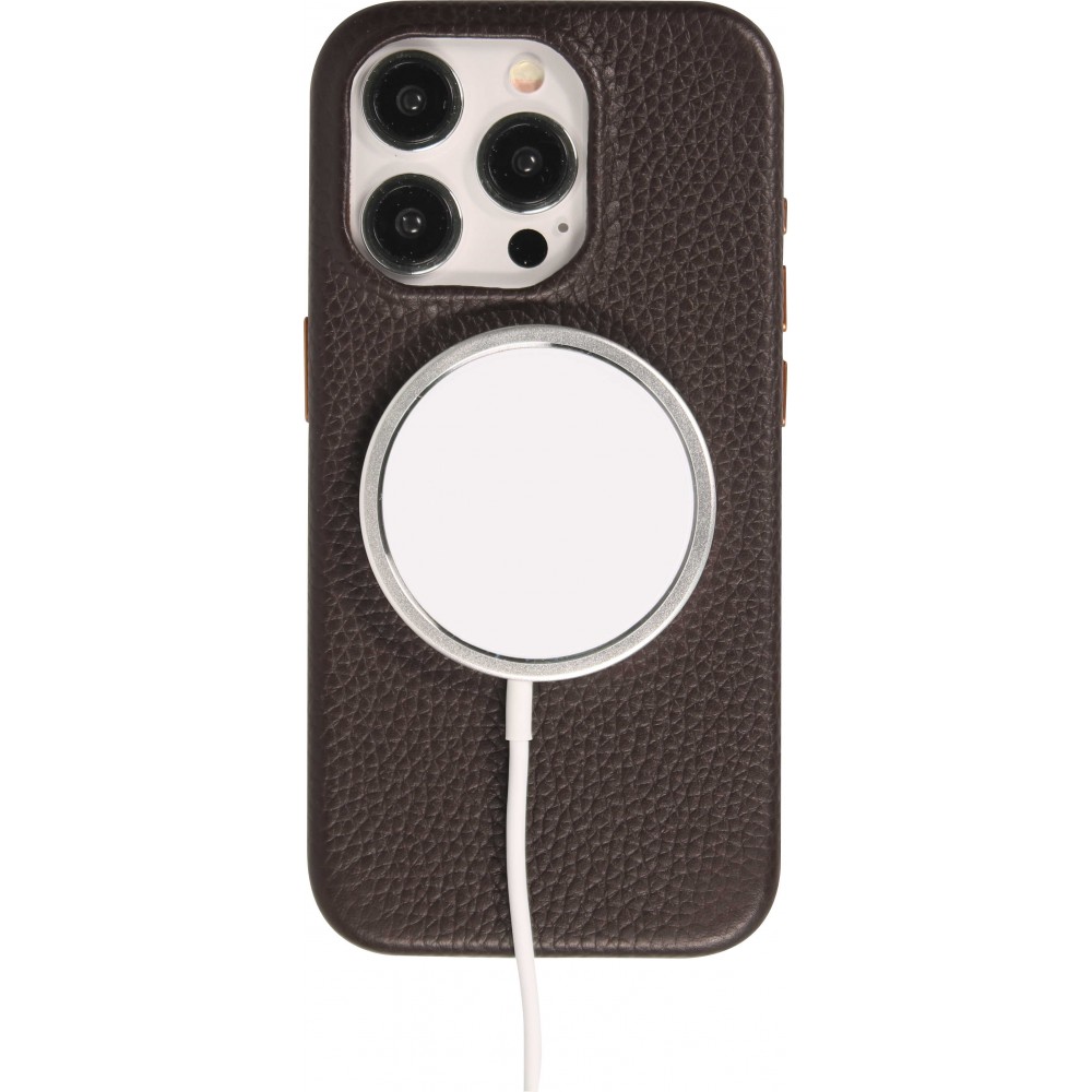 Coque iPhone 14 Pro - Cuir de veau luxe grainé intégral avec boutons métalliques et MagSafe - Brun foncé
