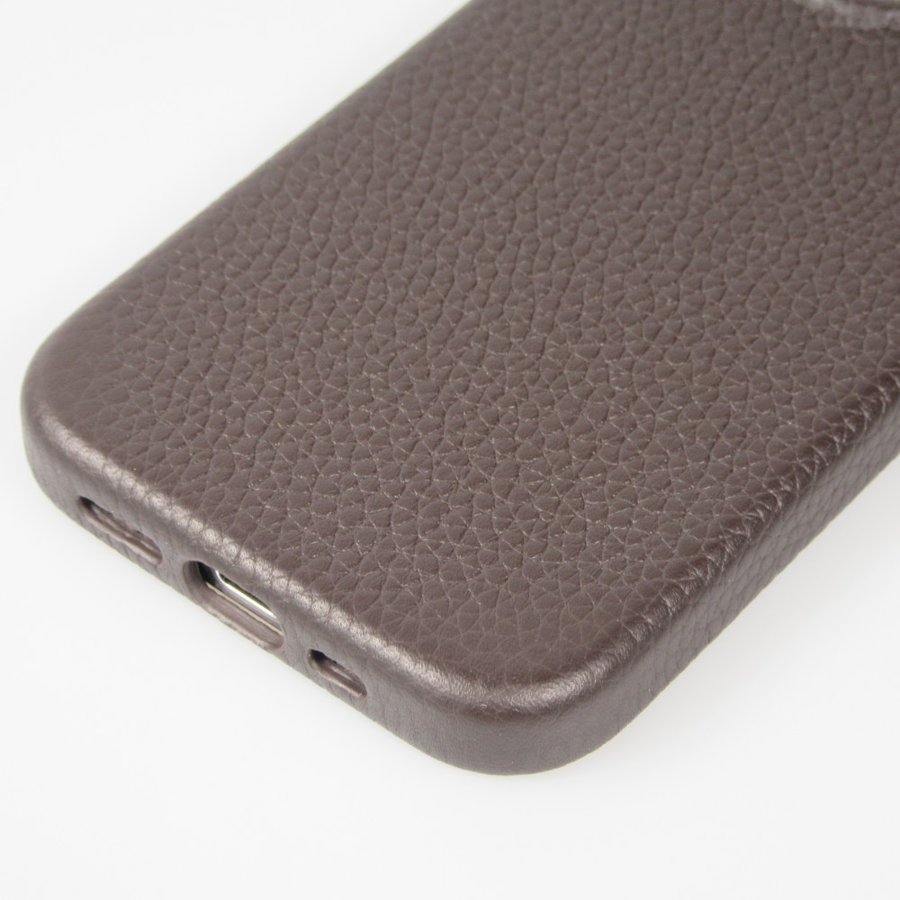 Coque iPhone 14 Pro - Cuir de veau luxe grainé intégral avec boutons métalliques et MagSafe - Brun foncé