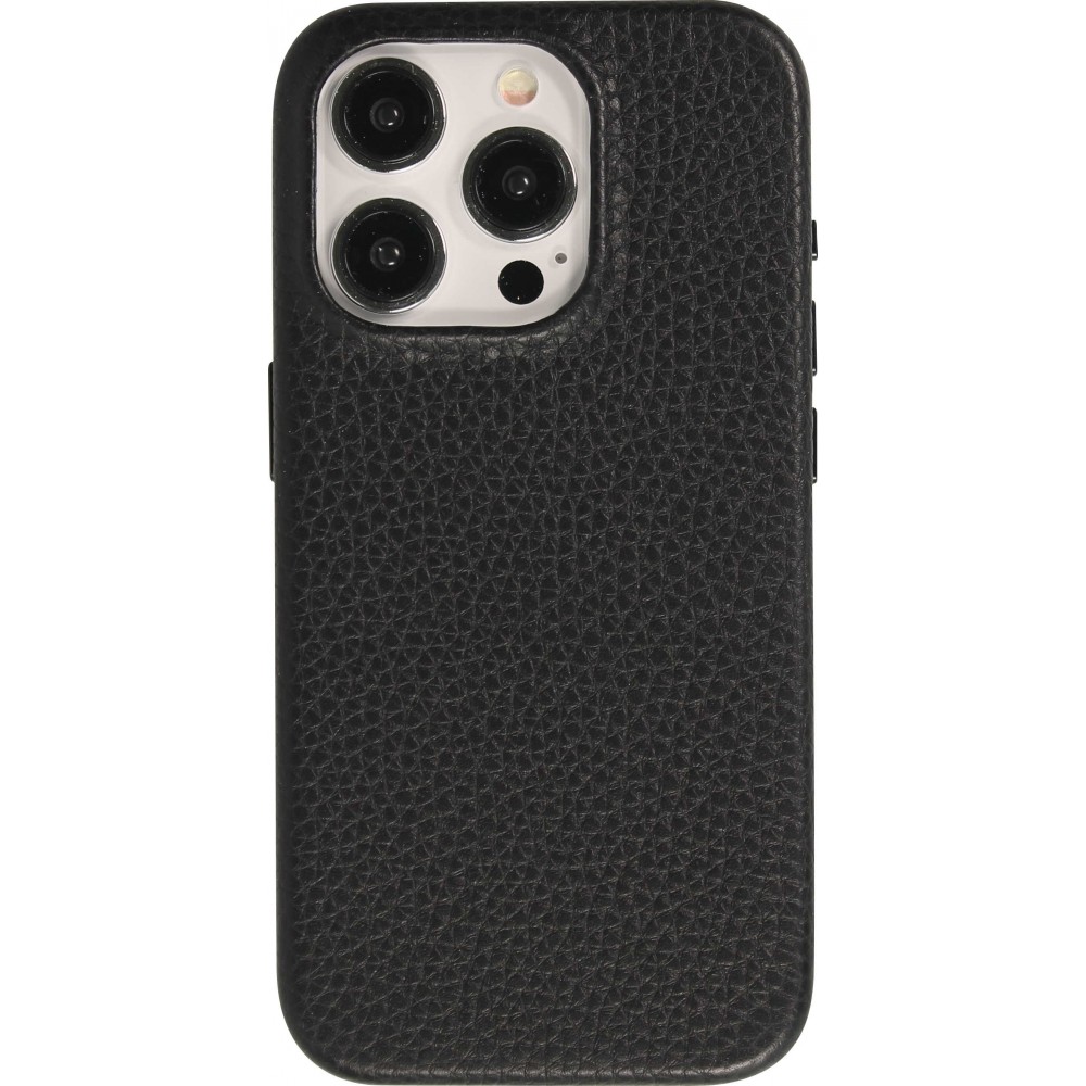 Coque iPhone 15 Pro Max - Cuir de veau luxe grainé intégral avec boutons métalliques et MagSafe - Noir