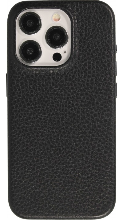 iPhone 14 Pro Case Hülle - Vollständig genarbtes Luxuskalbsleder mit Metallknöpfen und MagSafe - Schwarz