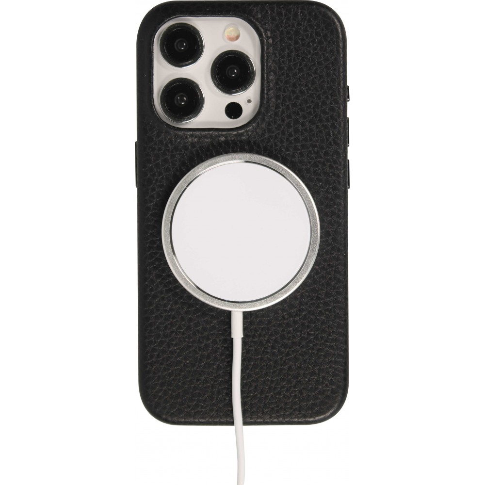 iPhone 15 Pro Case Hülle - Vollständig genarbtes Luxuskalbsleder mit Metallknöpfen und MagSafe - Schwarz