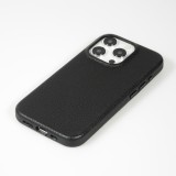 Coque iPhone 14 Pro - Cuir de veau luxe grainé intégral avec boutons métalliques et MagSafe - Noir