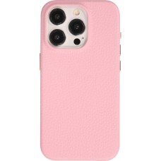 Coque iPhone 15 Pro - Cuir de veau luxe grainé intégral avec boutons métalliques et MagSafe - Rose