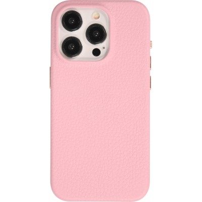 Coque iPhone 15 Pro - Cuir de veau luxe grainé intégral avec boutons métalliques et MagSafe - Rose