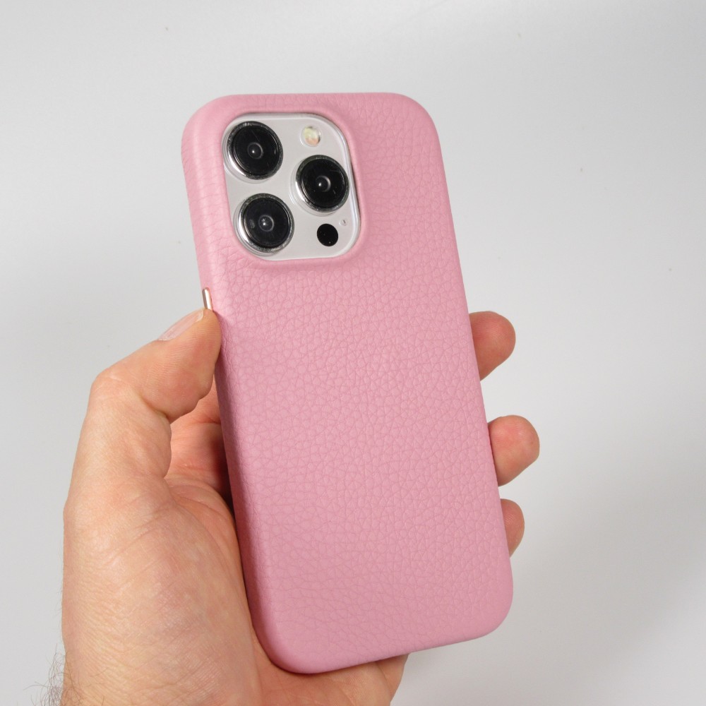 iPhone 14 Pro Case Hülle - Vollständig genarbtes Luxuskalbsleder mit Metallknöpfen und MagSafe - Rosa