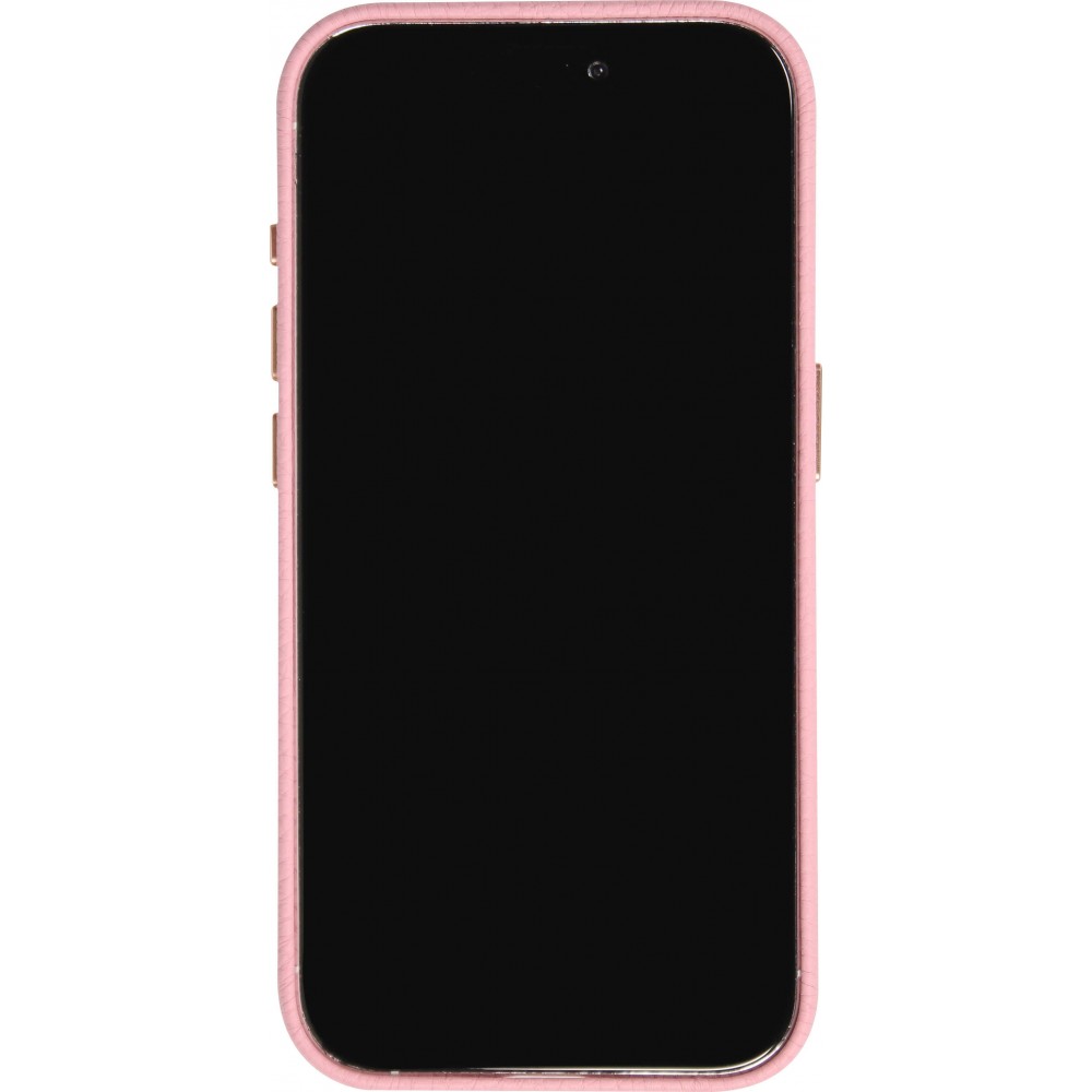 iPhone 15 Pro Case Hülle - Vollständig genarbtes Luxuskalbsleder mit Metallknöpfen und MagSafe - Rosa