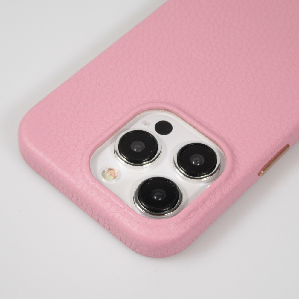 iPhone 14 Pro Max Case Hülle - Vollständig genarbtes Luxuskalbsleder mit Metallknöpfen und MagSafe - Rosa