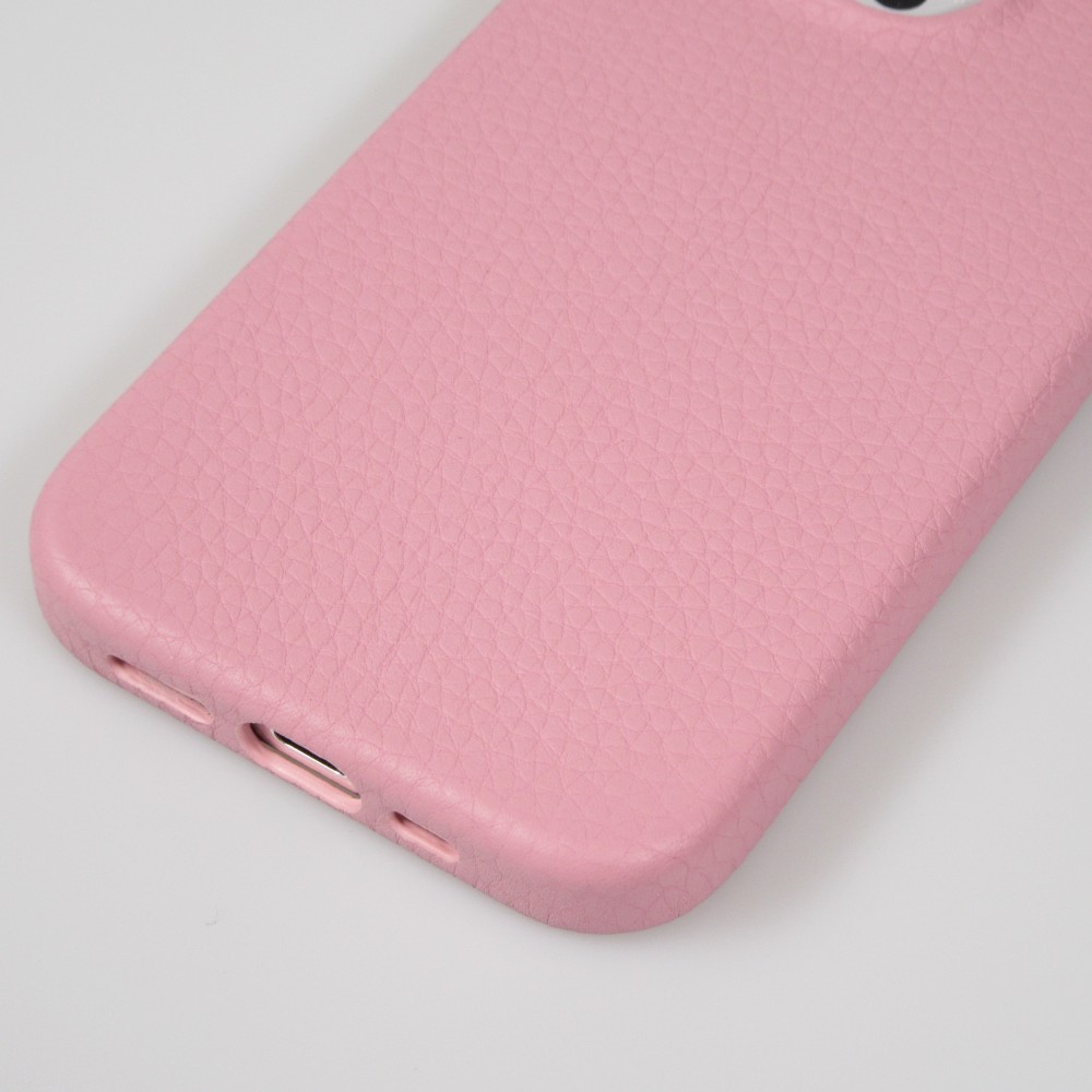 iPhone 15 Pro Max Case Hülle - Vollständig genarbtes Luxuskalbsleder mit Metallknöpfen und MagSafe - Rosa