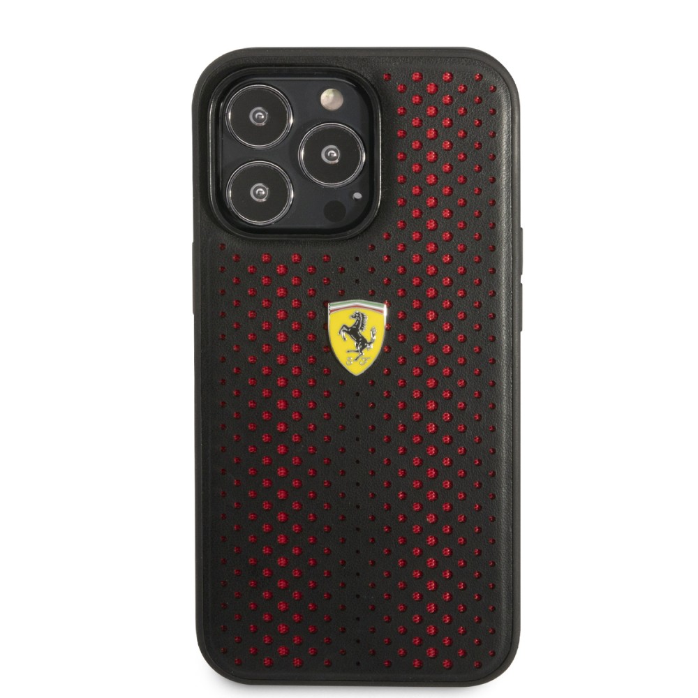 Coque iPhone 14 Pro Max - Ferrari cuir véritable perforé avec tissu rouge et logo métallique - Noir / rouge