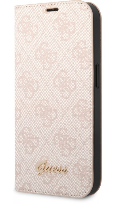 Fourre iPhone 14 Pro Max - Flip Guess toile similicuir avec logo métallique doré en relief - Rose clair