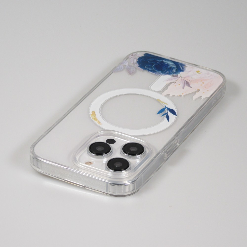 iPhone 14 Pro Case Hülle - Gummi Silikon steif mit MagSafe blaue Rose - Transparent