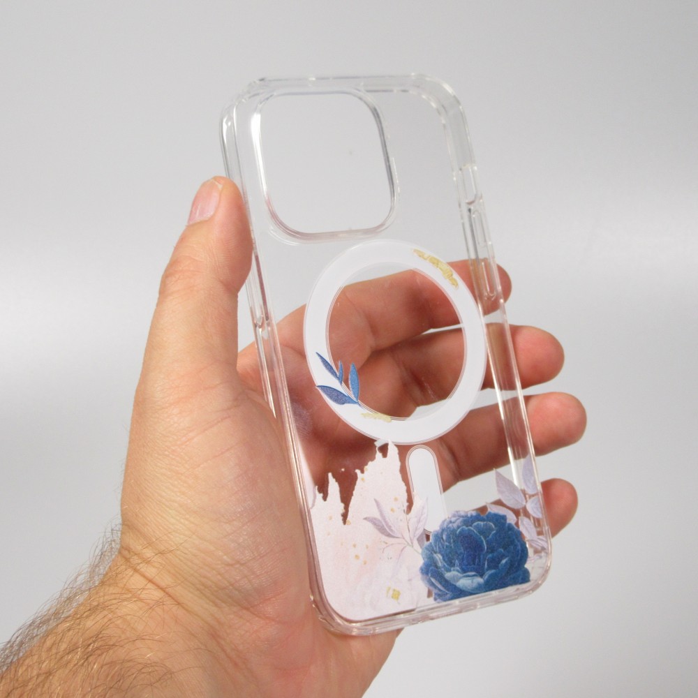 Coque iPhone 14 Pro Max - Gel silicone rigide avec MagSafe rose bleue - Transparent