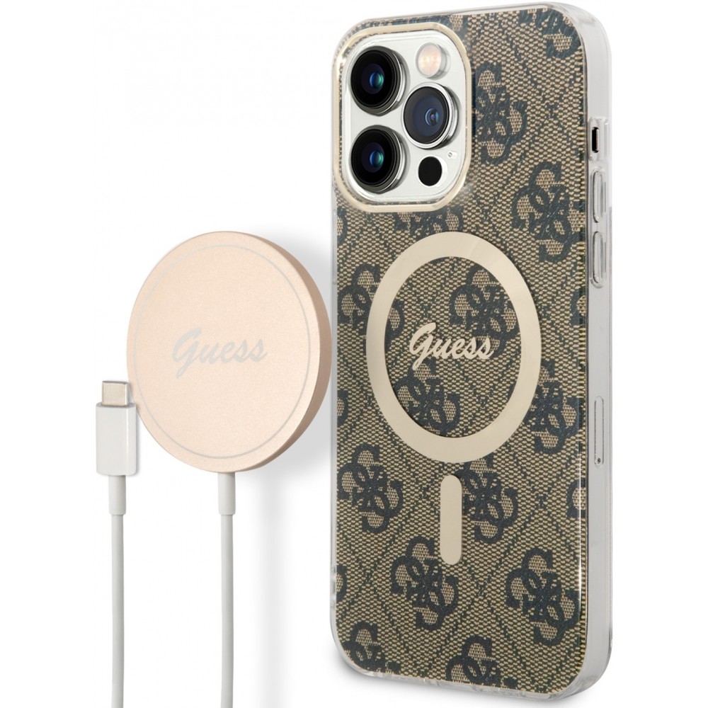 Coque iPhone 14 Pro Max - Guess 2 en 1 monogramme laqué avec Magsafe doré et chargeur sans fil - Brun