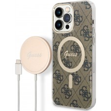 iPhone 14 Pro Max Case Hülle - Guess 2 in 1 Monogramm lackiert mit goldenem Magsafe und kabellosem Ladegerät - Braun