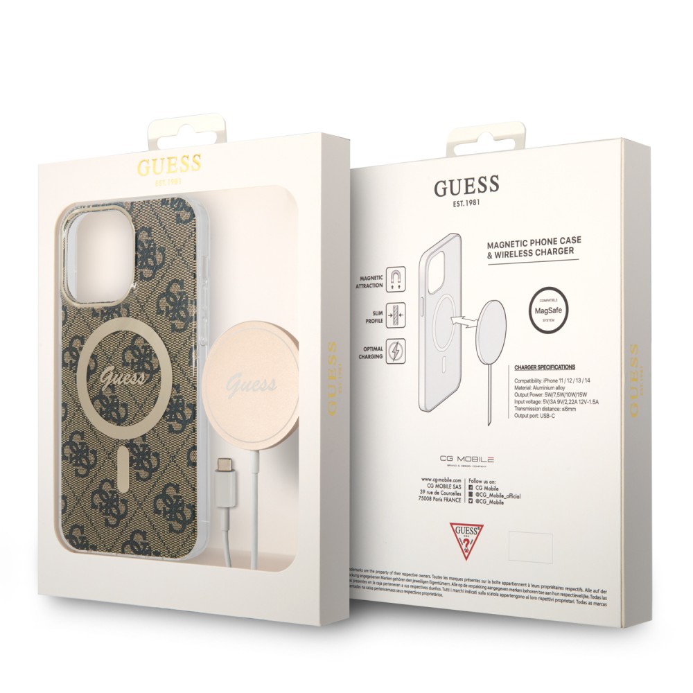 iPhone 14 Pro Max Case Hülle - Guess 2 in 1 Monogramm lackiert mit goldenem Magsafe und kabellosem Ladegerät - Braun