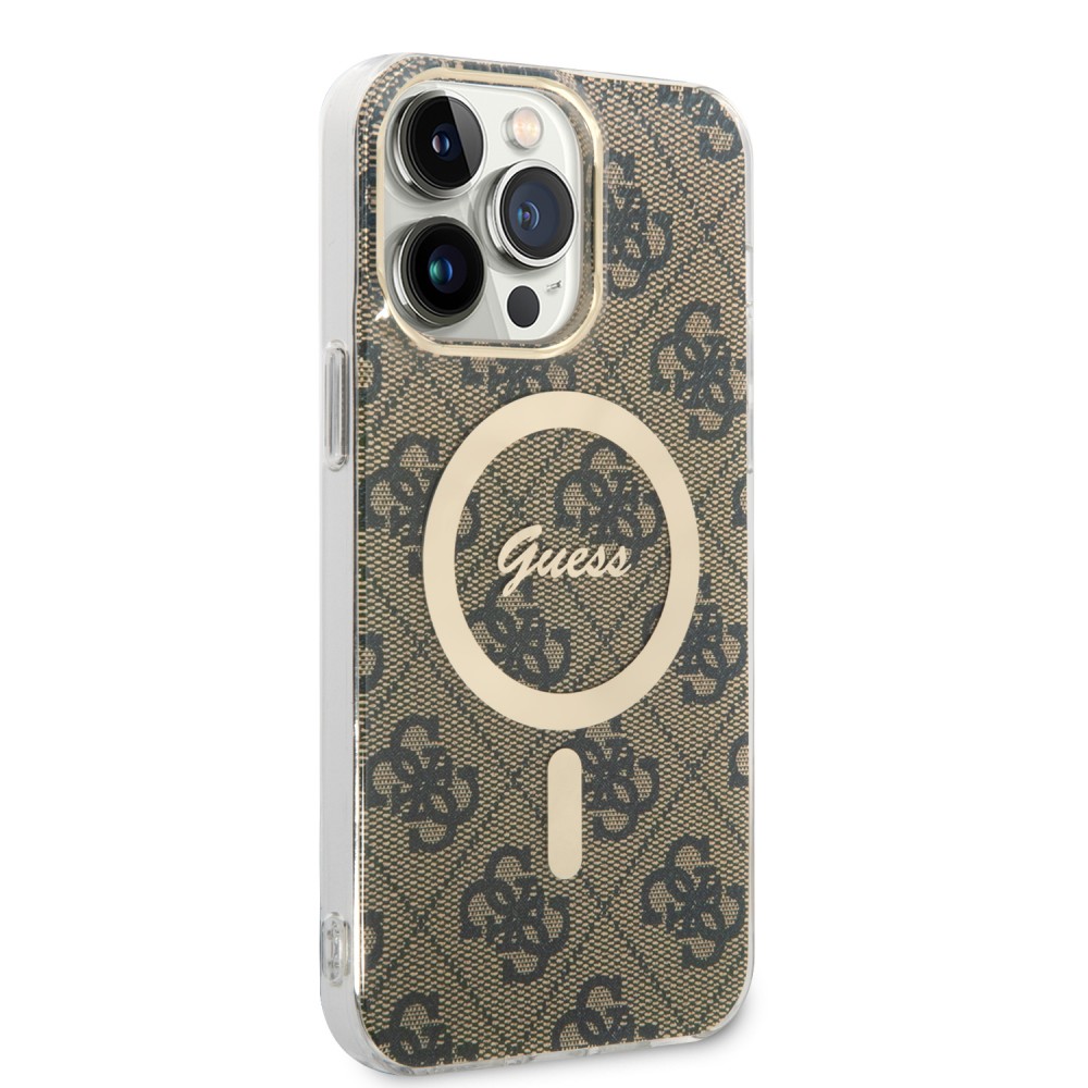 Coque iPhone 14 Pro Max - Guess 2 en 1 monogramme laqué avec Magsafe doré et chargeur sans fil - Brun