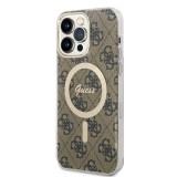 Coque iPhone 14 Pro Max - Guess 2 en 1 monogramme laqué avec Magsafe doré et chargeur sans fil - Brun