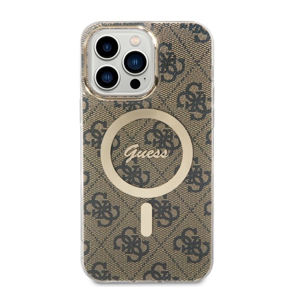 Coque iPhone 14 Pro Max - Guess 2 en 1 monogramme laqué avec Magsafe doré et chargeur sans fil - Brun