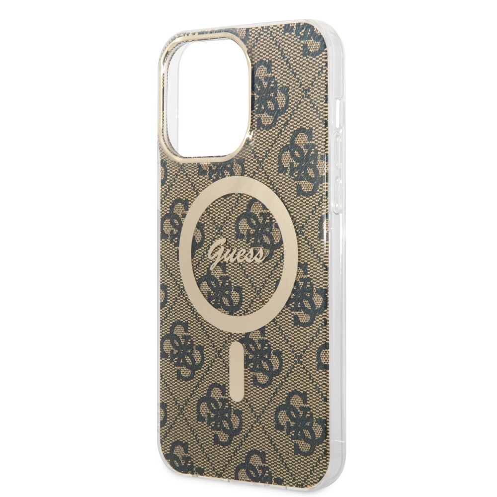 Coque iPhone 14 Pro Max - Guess 2 en 1 monogramme laqué avec Magsafe doré et chargeur sans fil - Brun