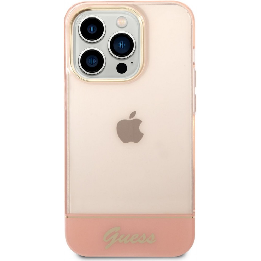 Coque iPhone 14 Pro Max - Guess gel rigid cam&eacute;ra outline transparent - Rose