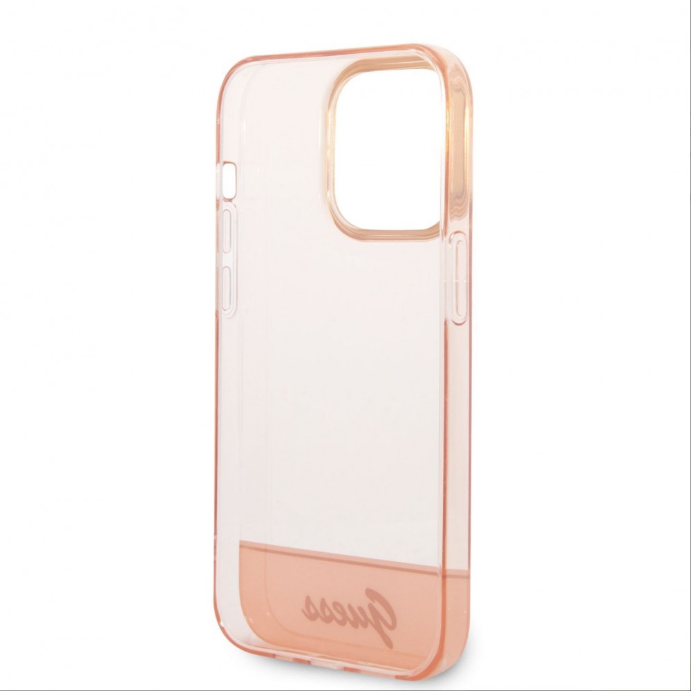 Coque iPhone 14 Pro Max - Guess gel rigid cam&eacute;ra outline transparent - Rose