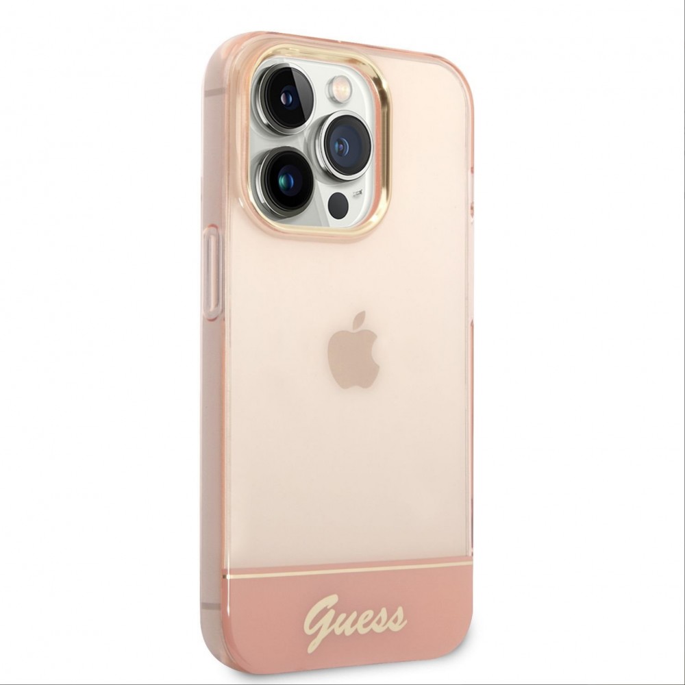 Coque iPhone 14 Pro Max - Guess gel rigid cam&eacute;ra outline transparent - Rose