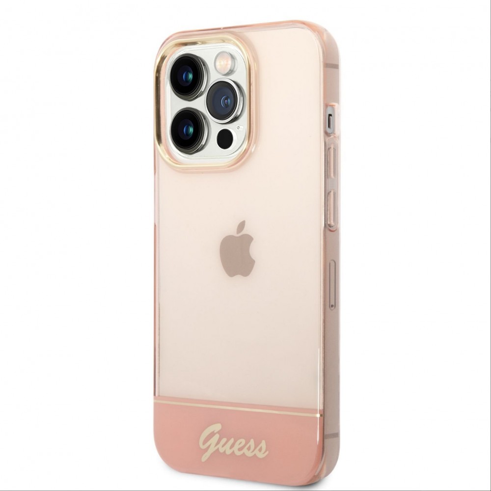 Coque iPhone 14 Pro Max - Guess gel rigid cam&eacute;ra outline transparent - Rose