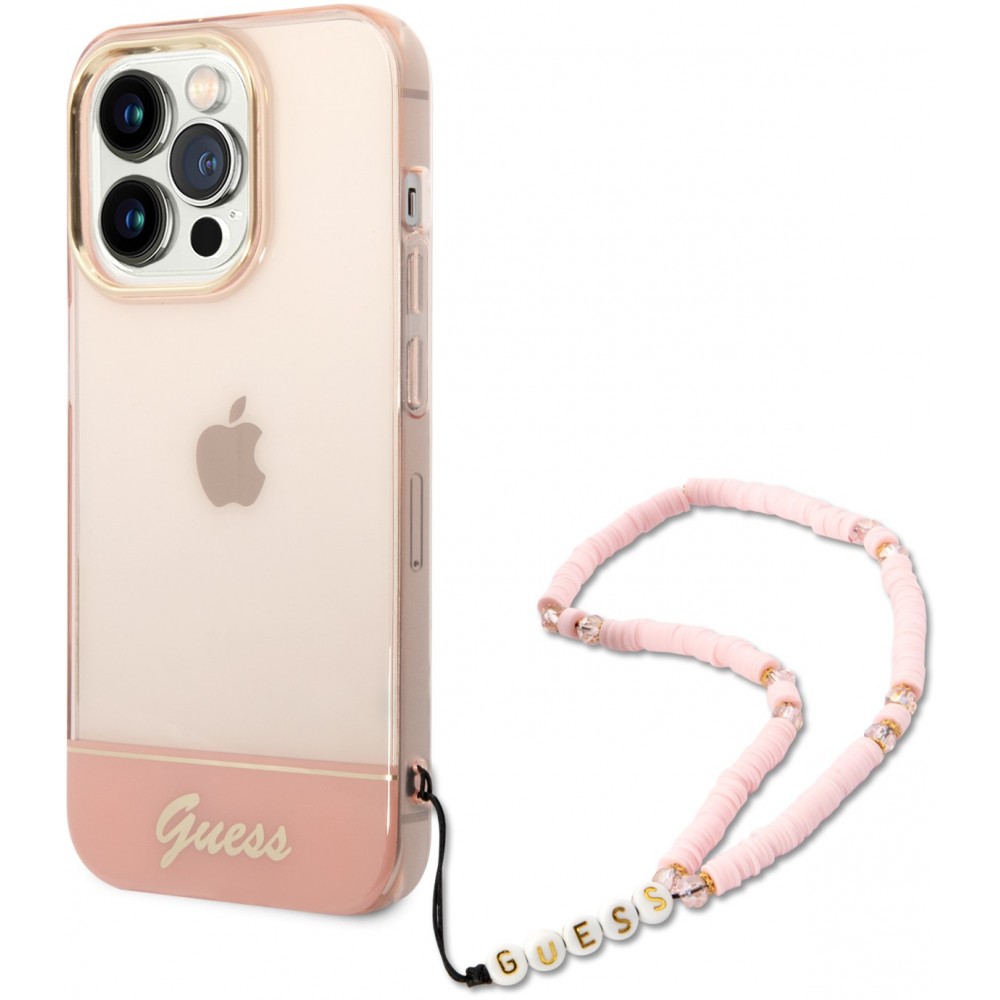 Coque iPhone 14 Pro - Guess gel rose transparent avec logo doré et lanière en perles détachable - Rose clair