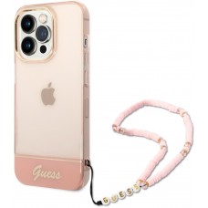 Coque iPhone 14 Pro - Guess gel rose transparent avec logo doré et lanière en perles détachable - Rose clair