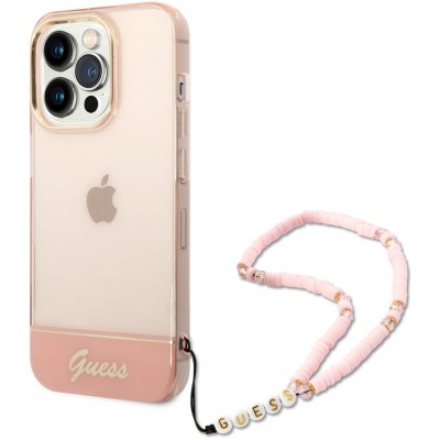 Coque iPhone 14 Pro Max - Guess gel rose transparent avec logo doré et lanière en perles détachable - Rose clair