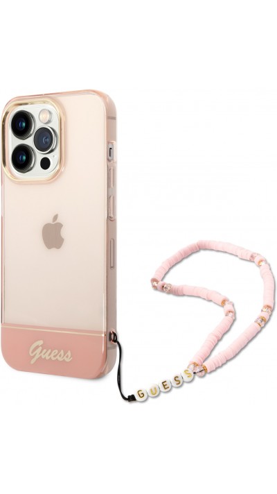 Coque iPhone 14 Pro Max - Guess gel rose transparent avec logo doré et lanière en perles détachable - Rose clair