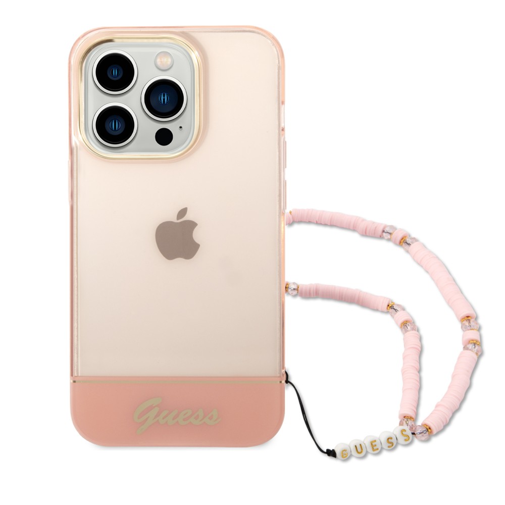 Coque iPhone 14 Pro - Guess gel rose transparent avec logo doré et lanière en perles détachable - Rose clair