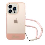 Coque iPhone 14 Pro - Guess gel rose transparent avec logo doré et lanière en perles détachable - Rose clair