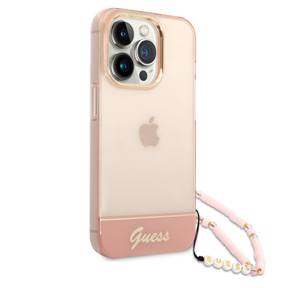 Coque iPhone 14 Pro - Guess gel rose transparent avec logo doré et lanière en perles détachable - Rose clair