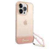 iPhone 14 Pro Case Hülle - Guess transparentes rosafarbenes Gel mit goldenem Logo und abnehmbarem Perlenriemen - Hellrosa