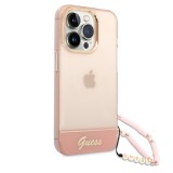 Coque iPhone 14 Pro - Guess gel rose transparent avec logo doré et lanière en perles détachable - Rose clair