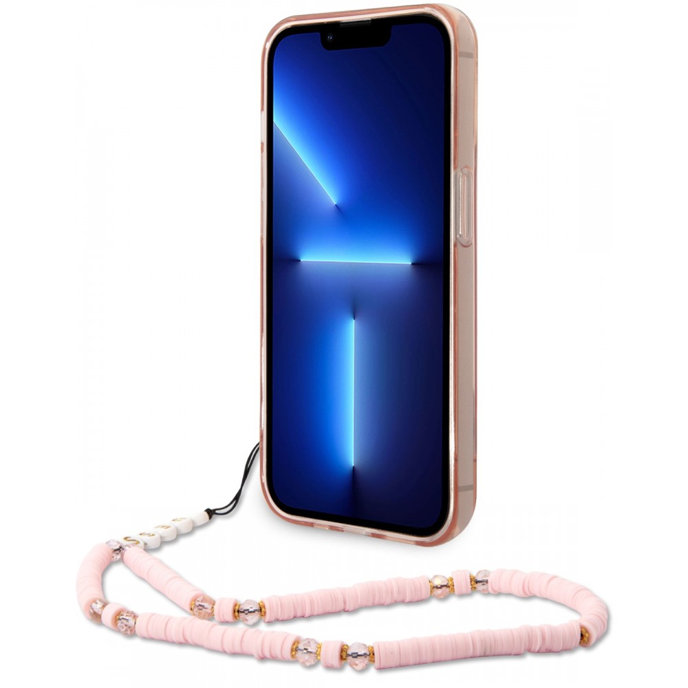 Coque iPhone 14 Pro - Guess gel rose transparent avec logo doré et lanière en perles détachable - Rose clair