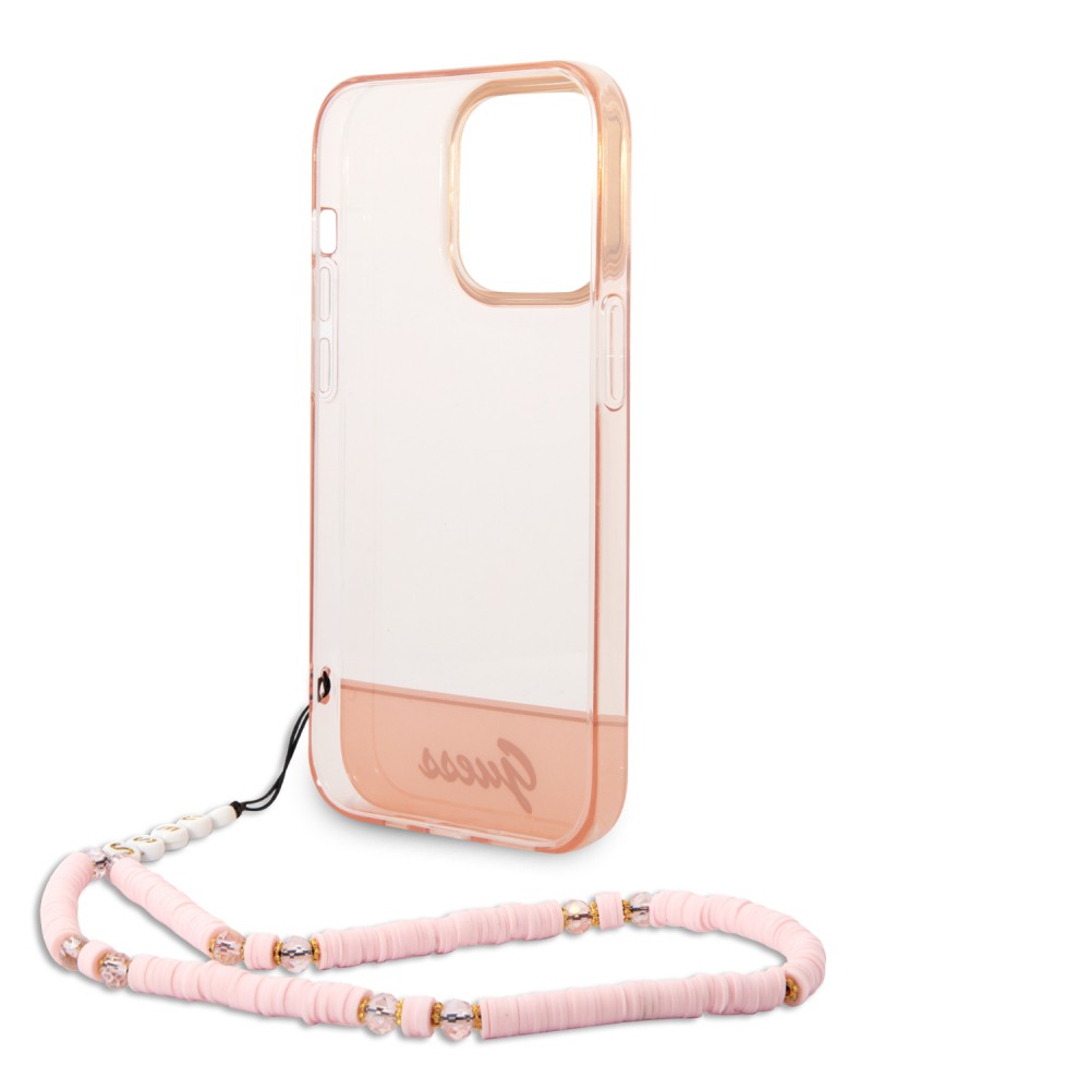 Coque iPhone 14 Pro - Guess gel rose transparent avec logo doré et lanière en perles détachable - Rose clair